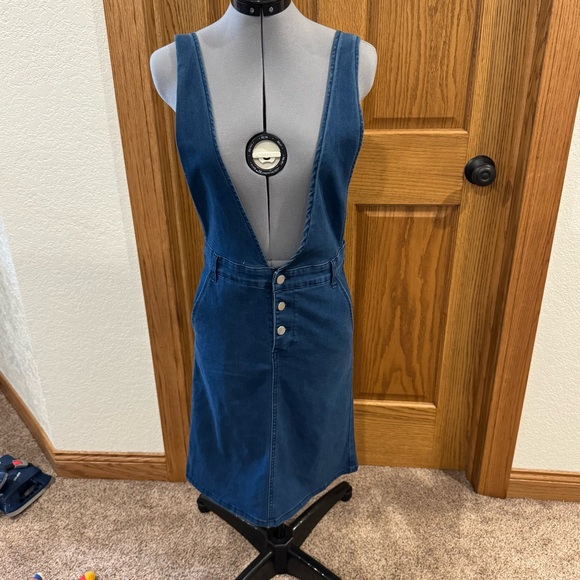 Antoinette Stretch Denim Jumper Dress. Dark Blue Jean, adjustable straps. Medium - Picture 1 of 10